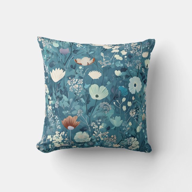 Elegant Blue Floral Pattern Throw Pillow (Front)
