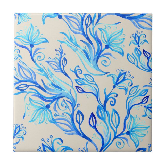 Elegant Blue Floral Pattern  Tile (Front)