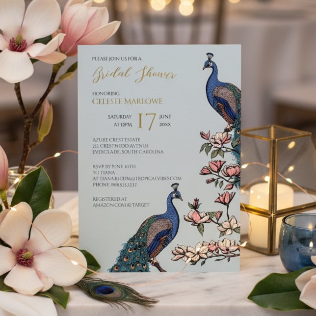 Elegant Blue Floral Peacock Bridal Shower (Elegant Blue, Gold Foil Floral Peacock Bridal Shower Invitations for Her. Classy Bird Teal Feathers)