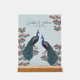 Elegant Blue Floral Peacock Wedding Acrylic Sign