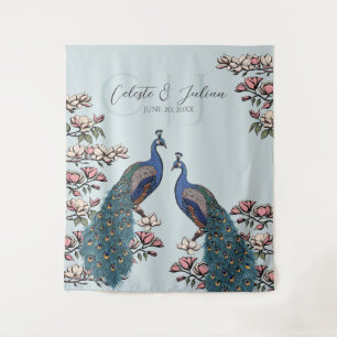 Elegant Blue Floral Peacock Wedding Backdrop Tapestry