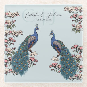 Elegant Blue Floral Peacock Wedding Glass Coaster