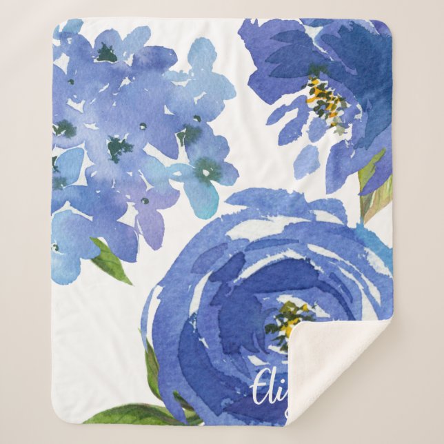 Elegant Blue Floral Peony Watercolor Personalized Sherpa Blanket (Front)