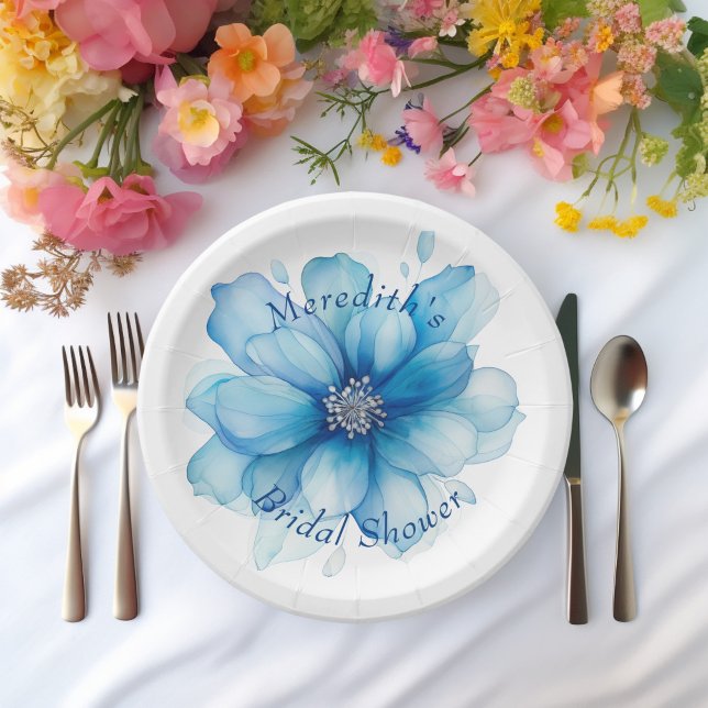 Elegant Blue Floral Personalized Bridal Shower Paper Plate (Creator Uploaded)