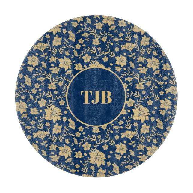 Elegant Blue Floral Personalized Cutting Board (Front)