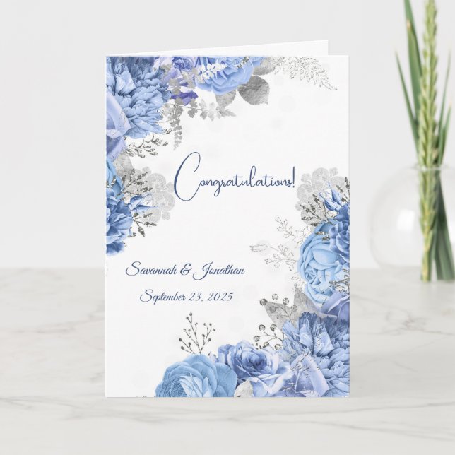 Elegant Blue Floral Personalized Wedding Card (Front)