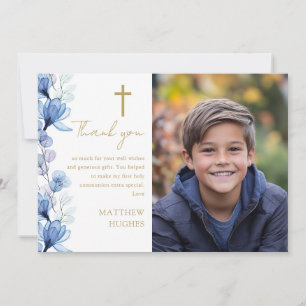 Elegant Blue Floral Photo First Holy Communion Thank You Card