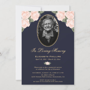 Elegant Blue Floral Photo Funeral Memorial Service Invitation