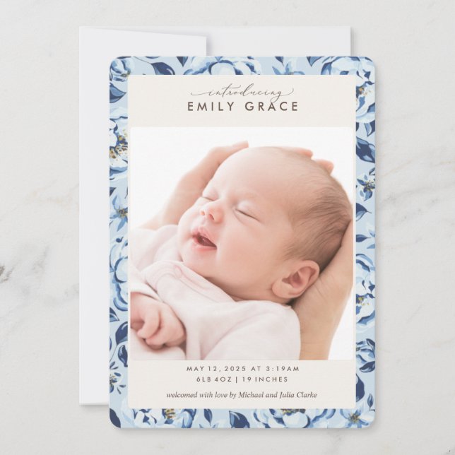 Elegant Blue Floral Print Photo Birth Announcement (Front)