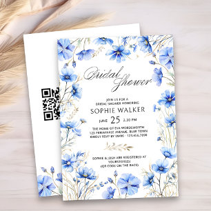 Elegant Blue Floral QR Code Bridal Shower Invitation