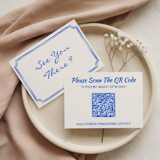 Elegant Blue Floral QR Code Wedding RSVP Card (Creator Uploaded)