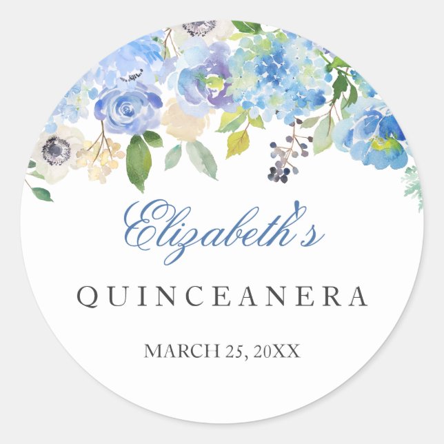 Elegant Blue Floral Quinceanera Sticker (Front)