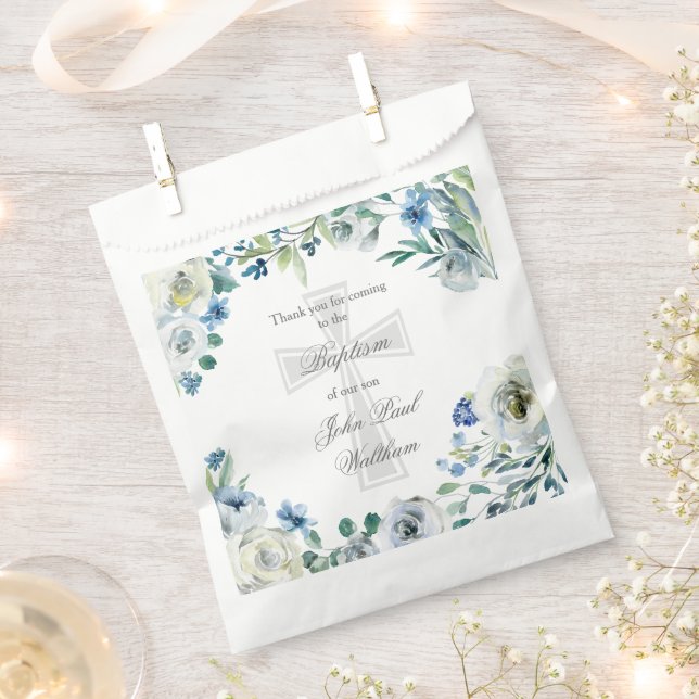 Elegant Blue Floral Religious Cross Baptism Favour Bag (Clipped)