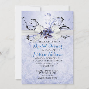 Elegant Blue Floral Ribbon Damask Bridal Shower Invitation