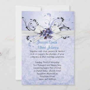 Elegant Blue Floral Ribbon Damask Wedding Invite
