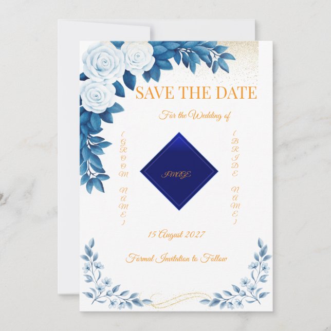 Elegant Blue Floral Save the Date Card (Front)