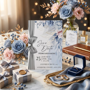 Elegant Blue Floral Save The Date Card with Silver