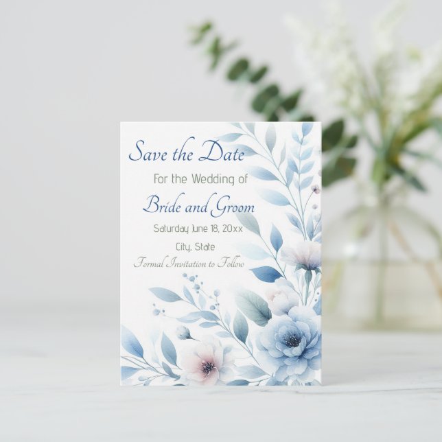 Elegant Blue Floral Save the Date Postcard (Standing Front)