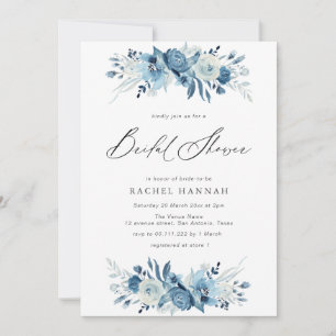 Elegant blue floral script bridal shower invitation