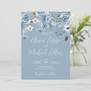 Elegant Blue Floral Script Wedding Invitation