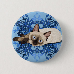 Elegant Blue Floral Siamese Cat Pretty Feline 2 Inch Round Button