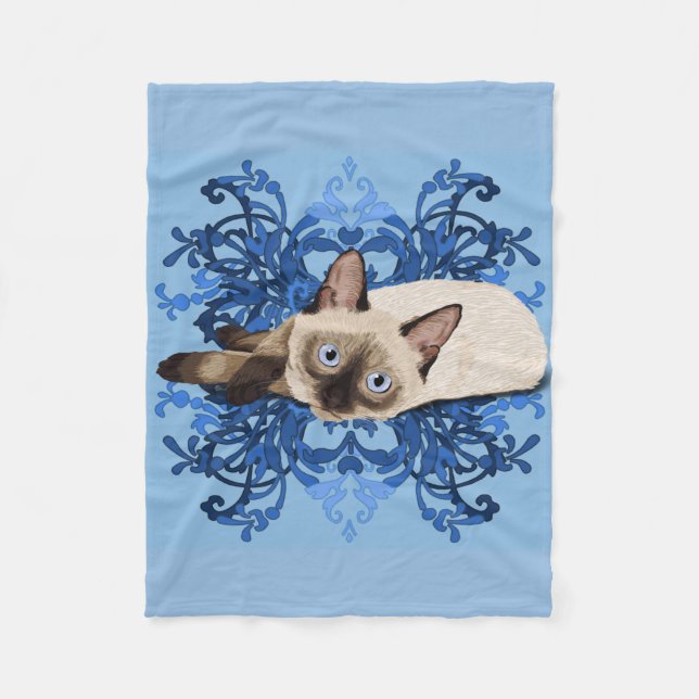 Elegant Blue Floral Siamese Cat Pretty Feline Fleece Blanket (Front)
