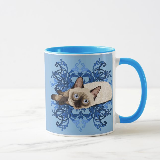 Elegant Blue Floral Siamese Cat Pretty Feline Mug (Right)