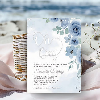 Elegant Blue Floral Silver Boy Baby Shower