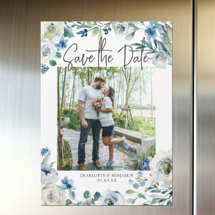 Elegant Blue Floral Spring Photo Save the Date Magnetic Invitation