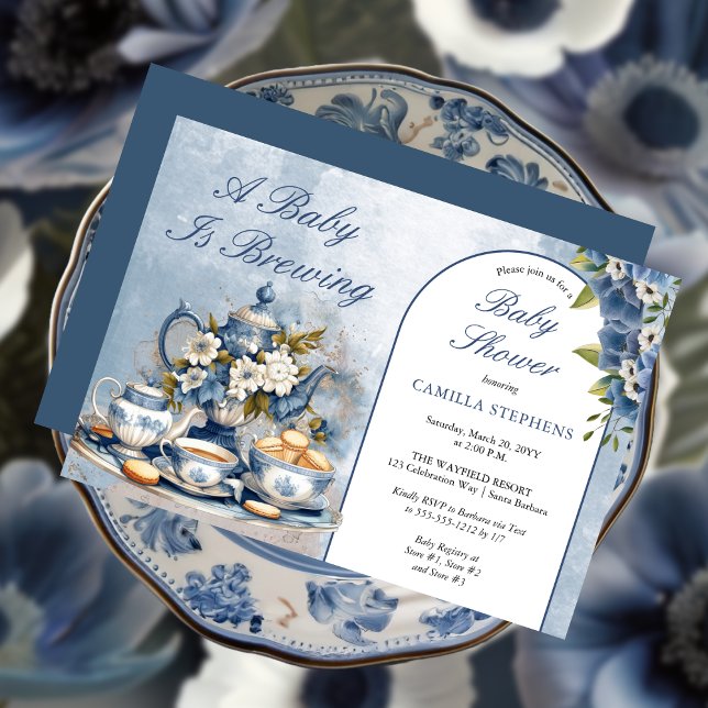 Elegant Blue Floral Tea Set Baby Shower Tea  Invitation ("A Baby Is Brewing" Elegant Blue and White Floral Tea Set Baby Shower Invitation)