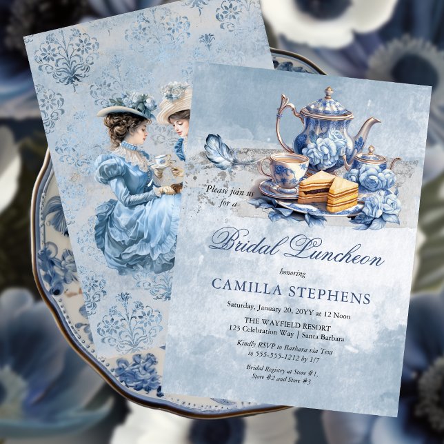 Elegant Blue Floral Tea Set Bridal Luncheon Tea Invitation (Elegant Blue Floral Tea Set Bridal Shower Tea Party Invitation)