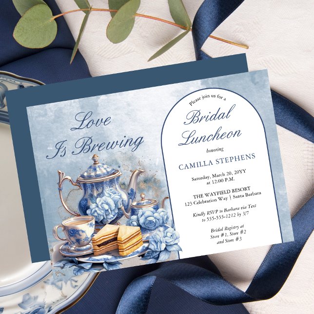 Elegant Blue Floral Tea Set Bridal Luncheon Tea Invitation (Elegant Blue Floral Teacup Bridal Shower Tea Landscape Invitation)