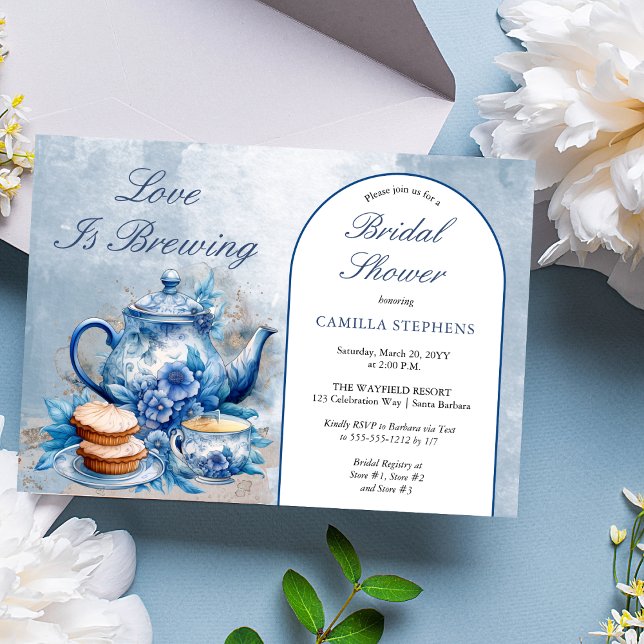 Elegant Blue Floral Tea Set Bridal Shower Tea  Invitation (Elegant Blue Floral Teacup Bridal Shower Tea Landscape Invitation)