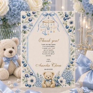Elegant Blue Floral Teddy Bear Birthday party Thank You Card
