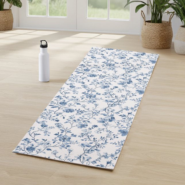 Elegant Blue Floral Toile Botanical Pattern  Yoga Mat (Elegant vintage style toile de jouy botanical print to elevate your yoga)