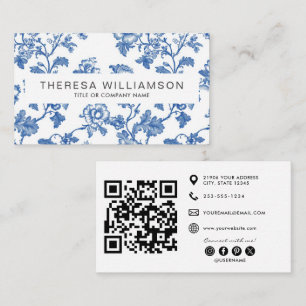 Elegant Blue Floral Toile QR Code Business Card
