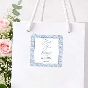 Elegant Blue Floral Vintage Wedding Thank You Square Sticker