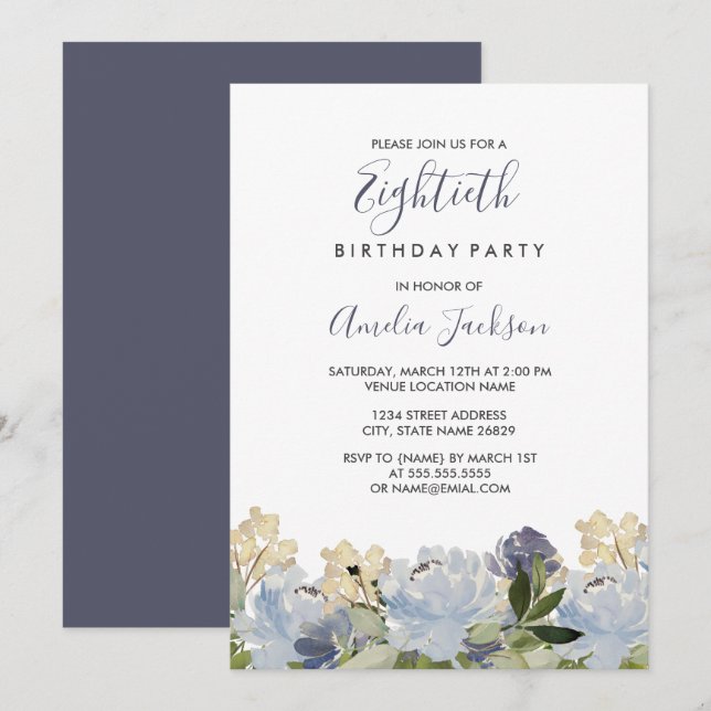 Elegant Blue Floral Watercolor 80th Birthday Invitation (Front/Back)