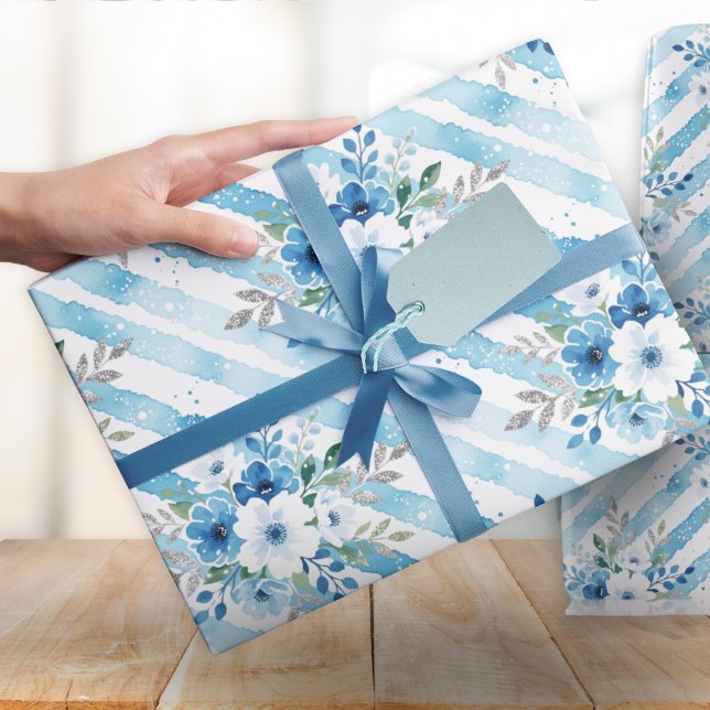 Elegant Blue Floral Watercolor Pattern Wrapping Paper (Coastal blue and white striped floral gift wrapping paper in a watercolor style)