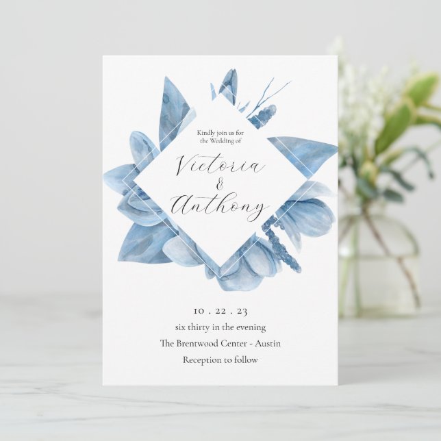Elegant Blue Floral Watercolor Wedding Invitation (Standing Front)