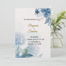 Elegant Blue Floral Watercolor Wedding Invitation 