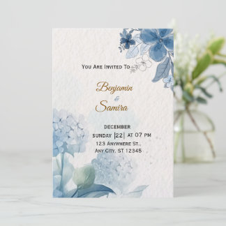 Elegant Blue Floral Watercolor Wedding Invitation 