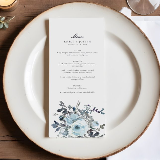 Elegant Blue Floral Watercolor Wedding Menu (Creator Uploaded)