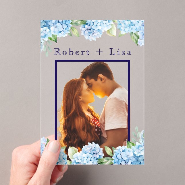Elegant Blue Floral Wedding  Acrylic Invitations (Insitu (Handheld))