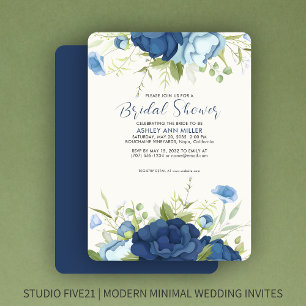 Elegant Blue Floral Wedding Bridal Shower Invitation