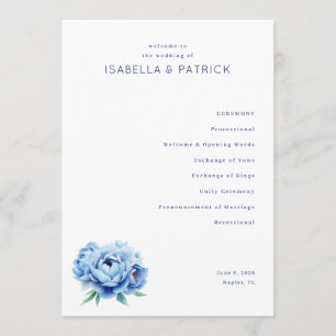 Elegant Blue Floral Wedding Ceremony Program