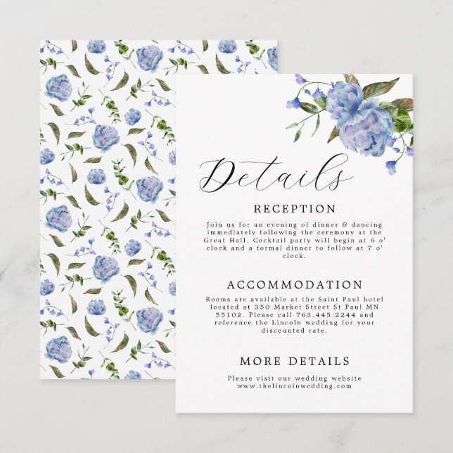 Elegant Blue Floral Wedding Enclosure Card (Front/Back)