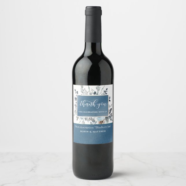 Elegant Blue Floral Wedding Favour Bottle / Wine Label (Front)