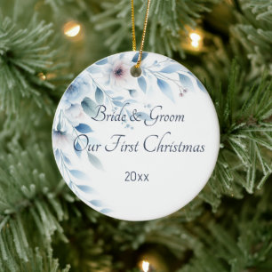 Elegant Blue Floral Wedding First Christmas Ceramic Ornament