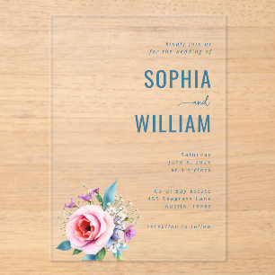 Elegant Blue Floral Wedding Invitation